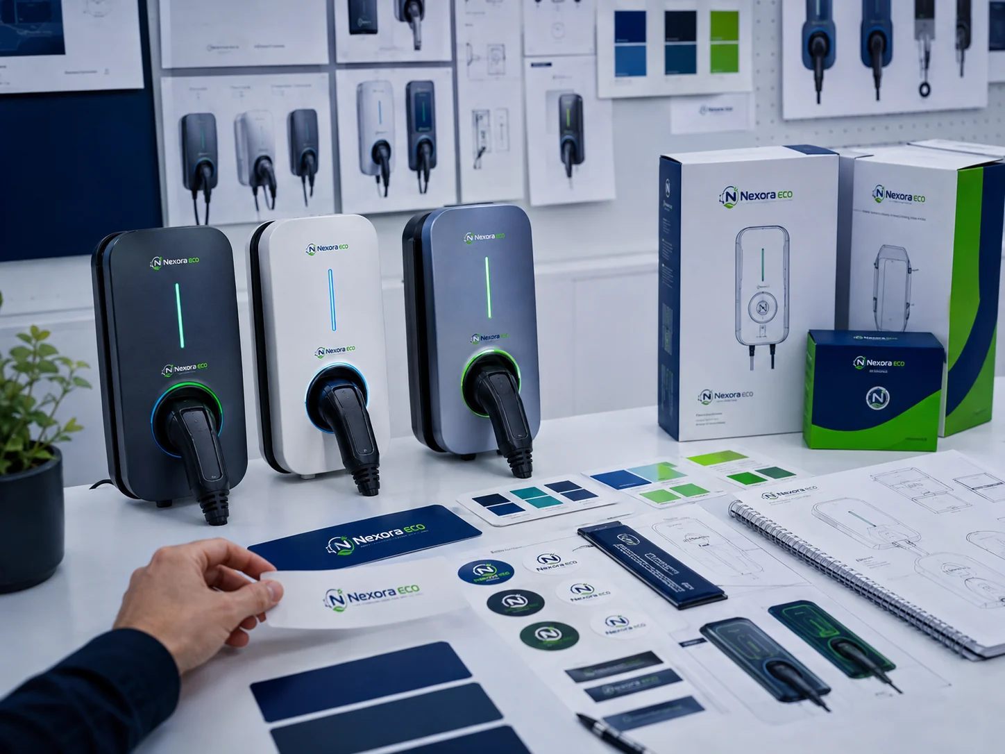 EV charger branding, labels, color samples and packaging mockups